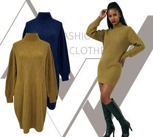Robe pull <span class=keywords><strong>col</strong></span> <span class=keywords><strong>roulé</strong></span> élégante pour <span class=keywords><strong>femme</strong></span>, manches longues, longueur midi, texture géométrique losanges, tricot côtelé, coupe droite moulante - Product Image 2