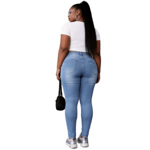 Jean skinny pour femmes grandes tailles, bleu clair, haute élasticité, style fashionista urbain, taille basse avec étiquettes, du 0XL au 4XL - Product Image 5