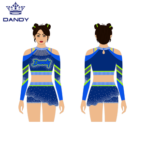 Conjuntos de uniformes de porristas azules con logotipo de apliques de color personalizado, faldas de baile para jóvenes, cristales de licra, ropa de competición - Product Image 1