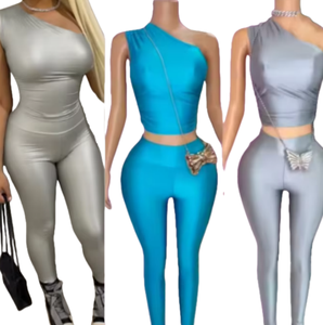 Viviblook D25ST141 ropa de calle para mujer verano sin mangas fuera del hombro chaleco plisado pantalones de cintura alta conjunto de 2 piezas conjuntos de verano - Product Image 1