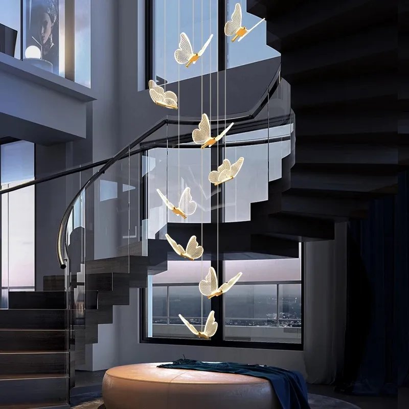 Durlitecn Modern Nordic Kitchen Island Dining Table Acrylic Lamp Butterfly Led Stairway Ceiling Pendant Light Chandeliers