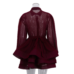 Abito Corto da Donna <span class=keywords><strong>in</strong></span> Chiffon Rosso con Cintura e Bottoni, a Maniche Lunghe Stratificate, per Feste Estive - Collezione 2026 - Product Image 5
