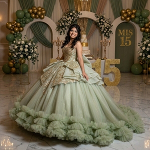 Vestido de Quinceañera de Lujo Mct031 en Verde Salvia, Sin Tirantes, con Corsé de Mariposa, Lazo en la Cintura, Volantes, Estilo Princesa, Jancember - Product Image 1