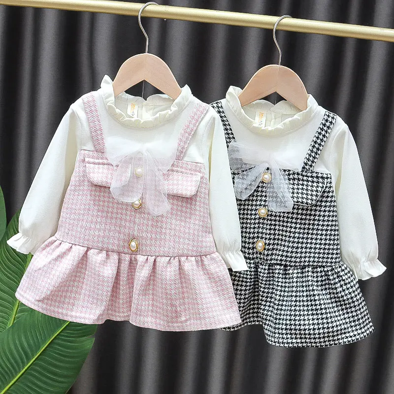 Baju Anak Perempuan Houndstooth, Baju Anak Perempuan Bayi Balita, Baju Lengan Panjang Musim Semi, Baju Anak-anak 1 Sampai 4 Tahun