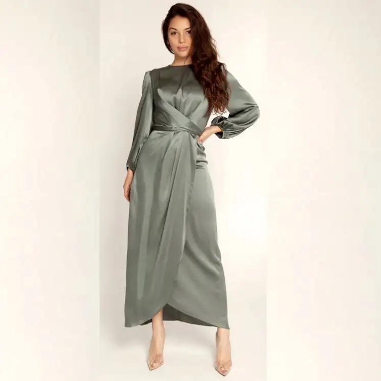 Women Satin Fabric Dubai Long Dress Satin Long Sleeve Slim Waist Lace Up Belt Middle East Women's Clothes Casual Maxi Dress