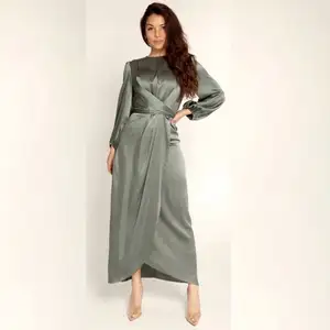 Women Satin Fabric Dubai Long Dress Satin Long Sleeve Slim Waist Lace Up Belt Middle East Women's Clothes Casual Maxi Dress