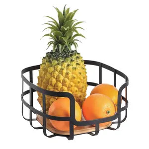 Cesta de metal para armazenamento de frutas, organizador doméstico, mesa de cozinha e sala de estar, com fundo de madeira