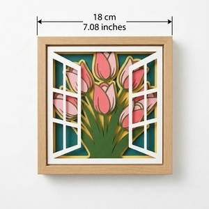 Décoration Murale en Papier Découpé Superposé avec Cadre en Bois, Motif Floral et Scène de Fenêtre Tulipe, Artisanat Fait Main pour Décoration Intérieure Moderne - Product Image 5