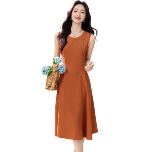 Sleeveless Midi Dress For Women Solid Color O Neck Natural Waist Daily Casual Wear Simple Style Elegant Fashionable - Product Image 5