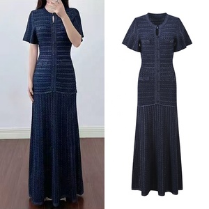 OUDINA Nuovo Elegante <span class=keywords><strong>Abito</strong></span> <span class=keywords><strong>Lungo</strong></span> a Righe con Collo Tondo e Maniche Corte per Donne - Product Image 1