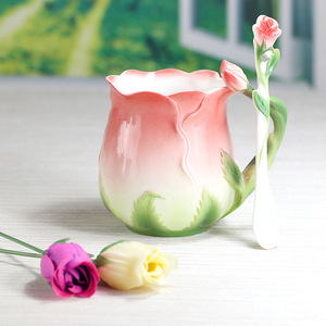 Hot Selling European Style Exquisite 3D Rose Flower Shape Disposable Eco-Friendly Multi Colors Large Capacity <b>Ceramic</b> <b>Mug</b> Spoon - Product Image 5
