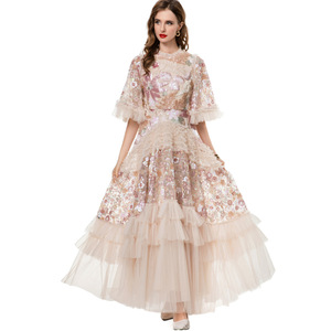 2025 nuovo autunno ed estate da donna per industria pesante ricamo con tromba in paillettes con bordo a volant soffice <span class=keywords><strong>abito</strong></span> lungo torta - Product Image 3