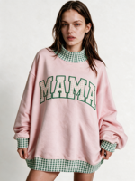 Sweat-shirt à col montant brodé patchwork pour femme, en molleton de coton, manches longues avec détail manches bouffantes, pull d'automne, vente en gros