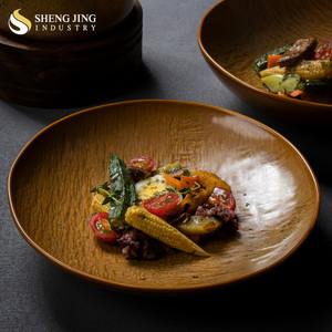 Village Rustic <strong>Wood</strong> Appearance Design 7" 9" 11" Round Ceramic Gold Galzed Deep Dish Dinner <strong>Plate</strong> - Product Image 1