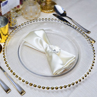 Assiettes de Présentation Rondes en Verre Transparent Or 13" avec Bord Perlée pour Mariage et Décoration de Service de Table