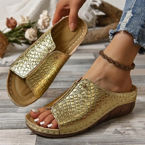 Sandali con Zeppa Neri Stampati da Donna - Punta Aperta, Suola Spessa, Casual, da Esterno, da Spiaggia, Taglie Forti - Product Image 2