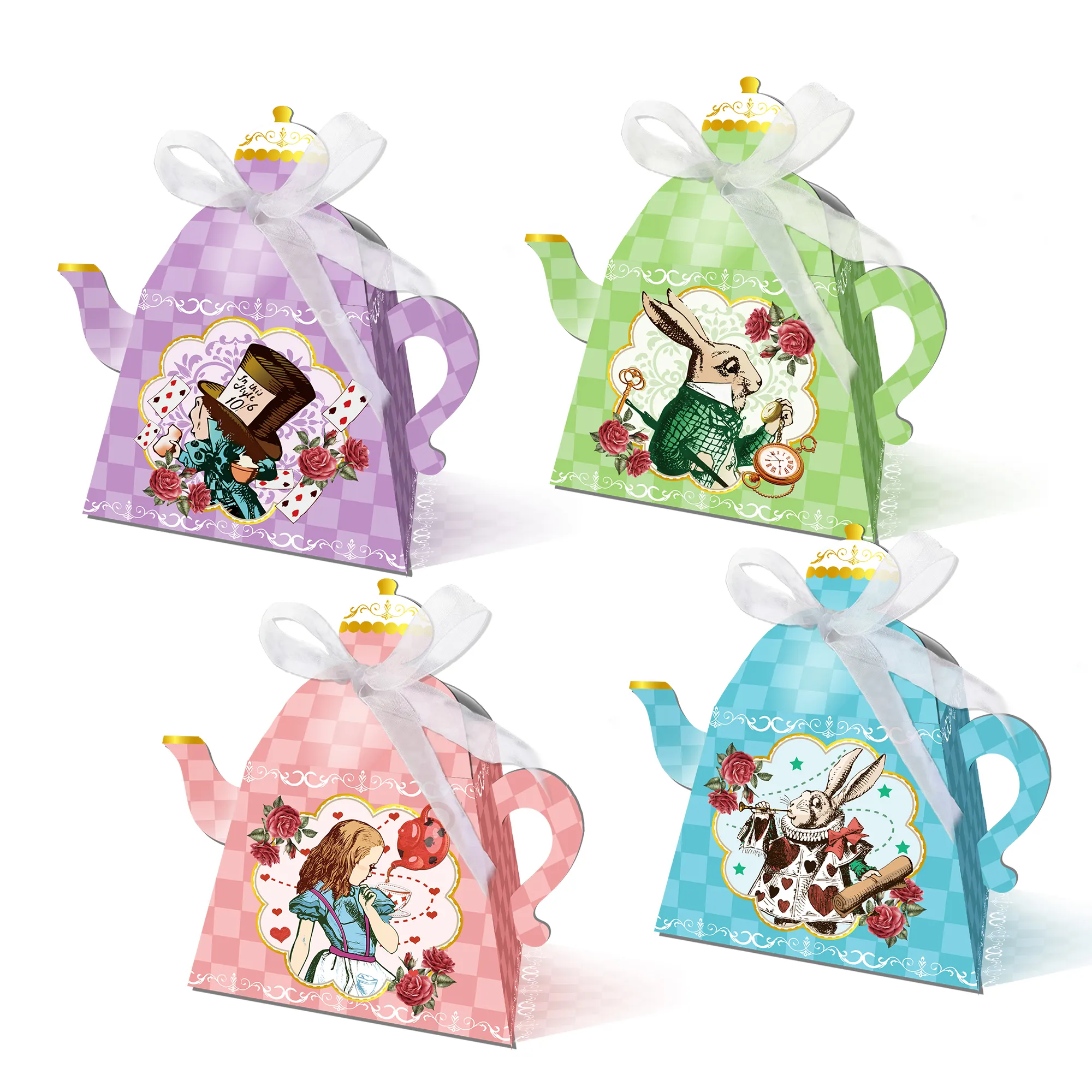 Alice's Adventures Teapot Tea Party Favor Box Gift Paper Boxes Set of 12 Cookie Candy Boxes with Ribbon for Party Decorations