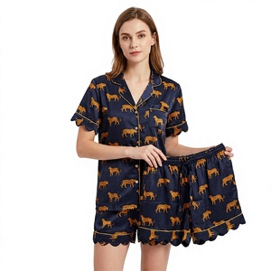 Women's Summer/Autumn/Spring Short Sleeve <b>Pajamas</b> <b>Set</b> Animal Print Satin Sleepwear with Buttons Pockets Front Logo Elegant Style - Product Image 1