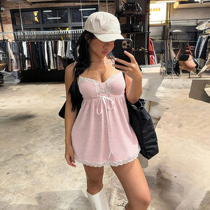 Top Camisero de Punto con Rayas Rosas Dulces y Encaje, Transpirable, de Secado Rápido, con Cuello en V, Lazo en la Cintura, Estilo Babydoll, Espalda Descubierta, Ajuste Delgado y Lindo para Mujer - Product Image 6