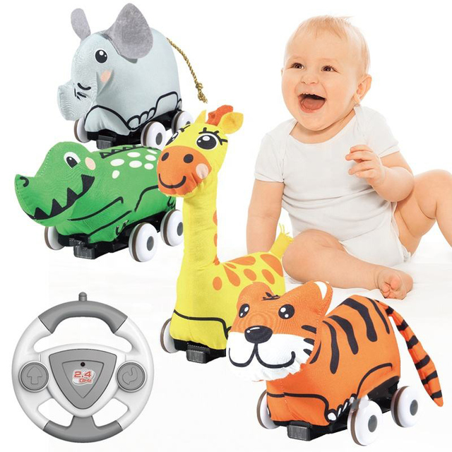 2.4G Plush Animal RC Cloth Car Toy With Music Washable Baby Solft Sponge Remote Control Car Kids Early Learn Radio Control Toy