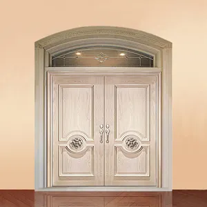 Luxus gewölbte doppelte hölzerne vordere Eingangstüren entwerfen Außen bogenplatte weiße Massivholz Haupteingang stür mit Spiegel glas
