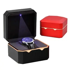 Electronic Led Watch Box Stock Can Custom Logo Square Center Seam Led Light Gift Packaging Box High End Watch Plastic Case