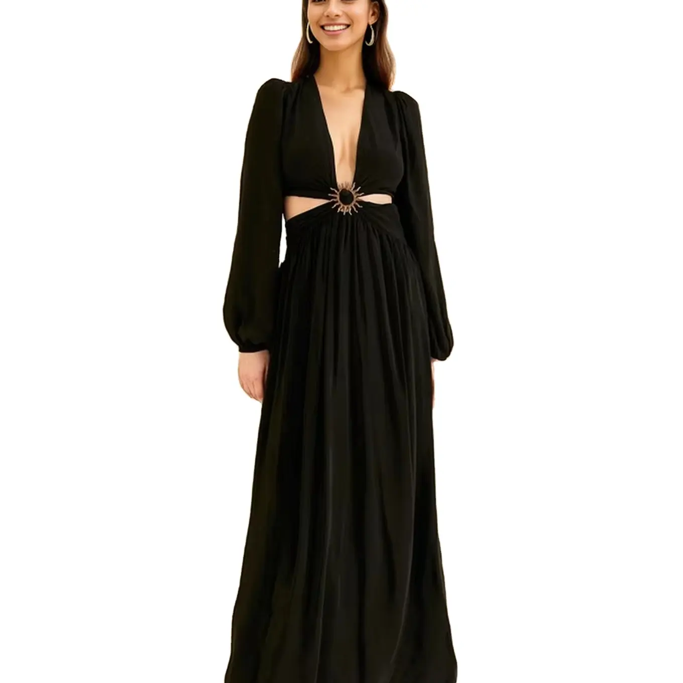 OEM Fashion Sexy Elegant Formal Black Polyester Long Sleeve Deep V Waistless Metal Belt Buckle Women's Long Dresses