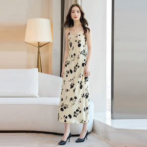 French Style Elegant <b>Suspender</b> Dress Women 2026 Summer Floral Print Long Skirt V Neck Breathable Home Wear - Product Image 1