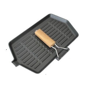 Poêle à griller <span class=keywords><strong>rectangulaire</strong></span> en fonte pré-assaisonnée avec poignée en <span class=keywords><strong>bois</strong></span> pliable, polyvalente pour steak, œufs et grillades - Product Image 4