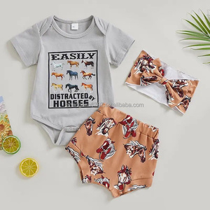 Conjunto de pantalones cortos gráficos infantiles de verano, traje de mameluco con lazo y manga corta, estilo <span class=keywords><strong>vaquero</strong></span> occidental para bebés, 3 uds. - Product Image 4