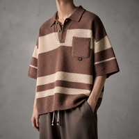 Ensemble deux pièces décontracté pour homme : Polo en maille crochetée rayé marron et short – Tenue d'été assortie pour homme