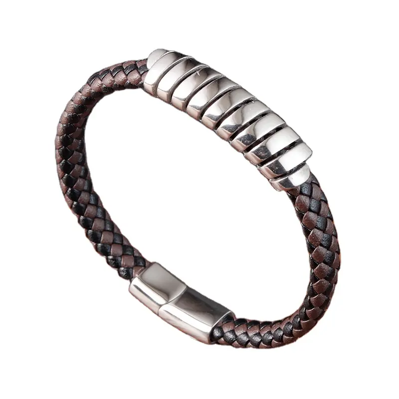 Spirale gravée faite à la main en gros mode en acier inoxydable minimaliste fermoir magnétique bijoux breloque en cuir bracelet pour hommes