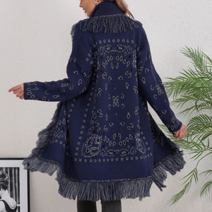 Cardigan da Donna 2025 Stile Vintage Etnico Jacquard Maglione Lungo Lavorato a <span class=keywords><strong>Maglia</strong></span> <span class=keywords><strong>con</strong></span> <span class=keywords><strong>Frange</strong></span> e Nappe per l'Autunno Logo Frontale - Product Image 5