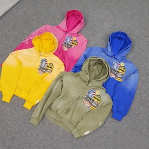 Sudadera con capucha para hombre al por mayor de alta calidad con pedrería, estilo urbano, lavado ácido vintage, bordado 3D, estampado, corte holgado y corto con cremallera - Product Image 3