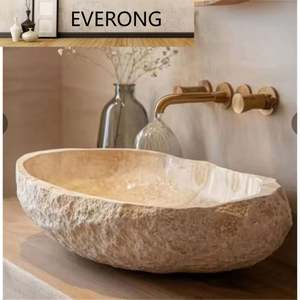 Lavabo de mármol de Color Beige de diseño único de forma Irregular, lavabo de encimera de baño, perspectiva de superficie Natural para Baño - Product Image 2