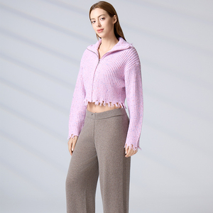 High-End Customizable Streetwear Knitwear OEM/ODM Zip-Up <b>Cardigan</b> <b>Sweater</b> Women's Frayed Cropped Knit Jacket - Product Image 5