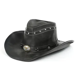 Chapeau de Cowboy à la mode, chapeau à large bord et réglable, Style occidental, avec tête de taureau en métal, décoré, pour hommes