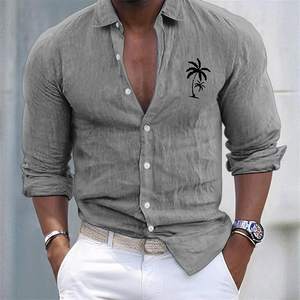 <span class=keywords><strong>Camicia</strong></span> Premium da <span class=keywords><strong>Uomo</strong></span> in <span class=keywords><strong>Lino</strong></span> Azzurro con Stampa Palme, Maniche Lunghe, Casual da Spiaggia per Vacanze e Uso Quotidiano - Product Image 4