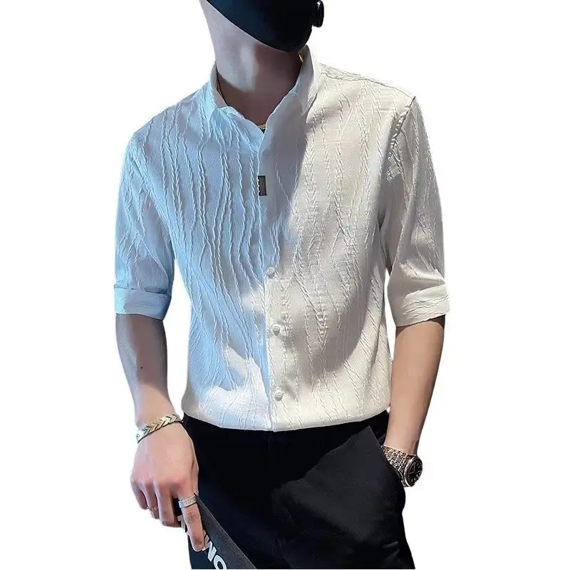 Summer Ice Silk Short Sleeve Shirt Men's Trendy Brand Pi Shuai High Grade Feeling Shirt Korean Version Slim Fit 7/4 Sleeve Shirt