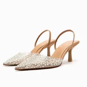 CA1201 신상품 패션 신부 라이트 골드 라인 석 웨딩 신발 여성 높은 펌프 얇은 뒤꿈치 파티 슬링백 신발
