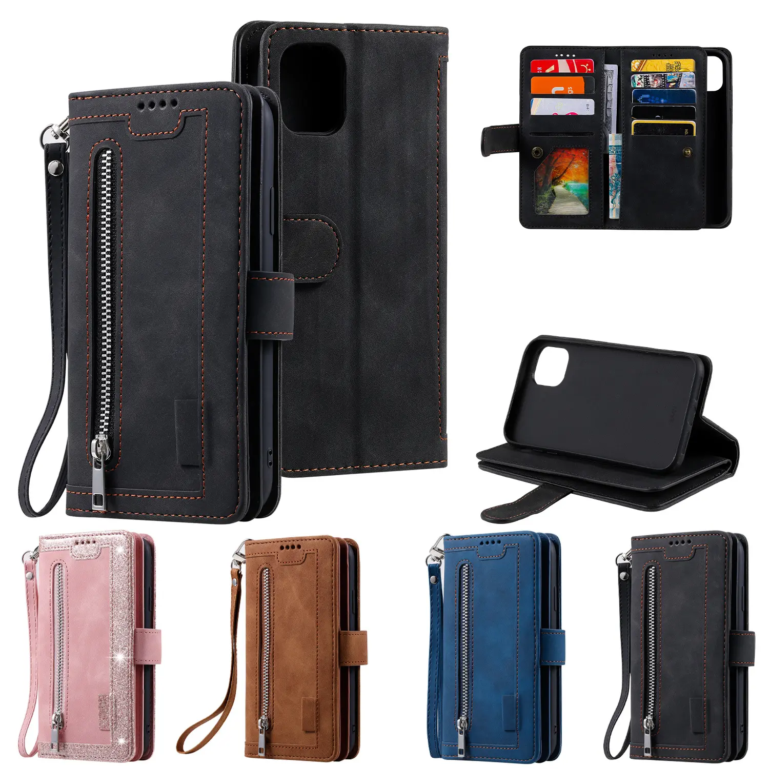 Luxury Card Holder With Zipper Book Leather Phone Case Cover for iPhone 14 14 Pro Max For Samsung A54 A34 A14 Flip Wallet Case