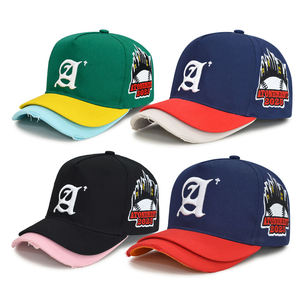 Casquettes de baseball 5 panneaux personnalisées en sergé vieilli à double visière, broderie 3D en relief, visière double couche incurvée, fermeture snapback sport 100% - Product Image 1