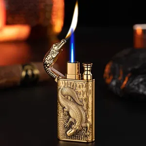 3D Relief Dragon Crocodile Double Fire Lighter Metal Windproof Jet Fire Open Fire Conversion Gas Lighter Smoking Men's Gift