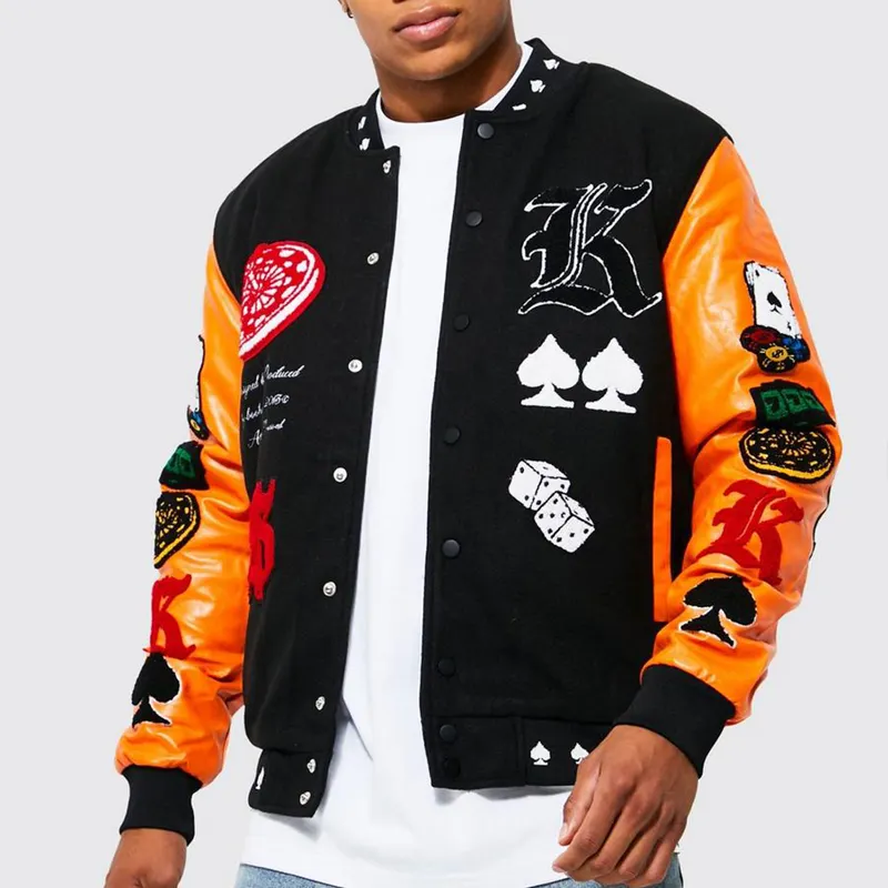 OEM logotipo personalizado Chenille parche bordado chaqueta de cuero manga Streetwear Bomber Varsity chaqueta para los hombres