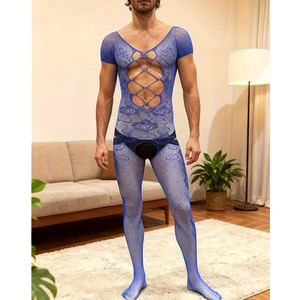 Men's Sexy See Through <b>Fishnet</b> Bodysuit Blue Nylon Spandex Mid Rise Tight Jacquard Suspender Underwear - Product Image 1