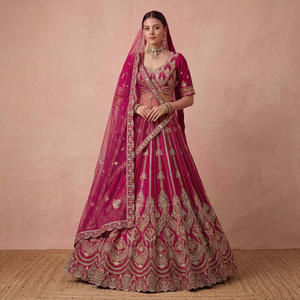 Conjunto de Lehenga Choli de Seda Rosa Bordado con Dupatta de Tela de Red, Traje Tradicional Indio para Bodas, de Secado Rápido para Mujer - Product Image 1
