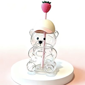 Çilekli Ayı Bardak Pipetli Bardak Borosilikat Cam Sızdırmaz BPA İçermez Gıda Güvenli Taşınabilir Modern Tasarım Sevimli Oyuncak Ayı - Product Image 2