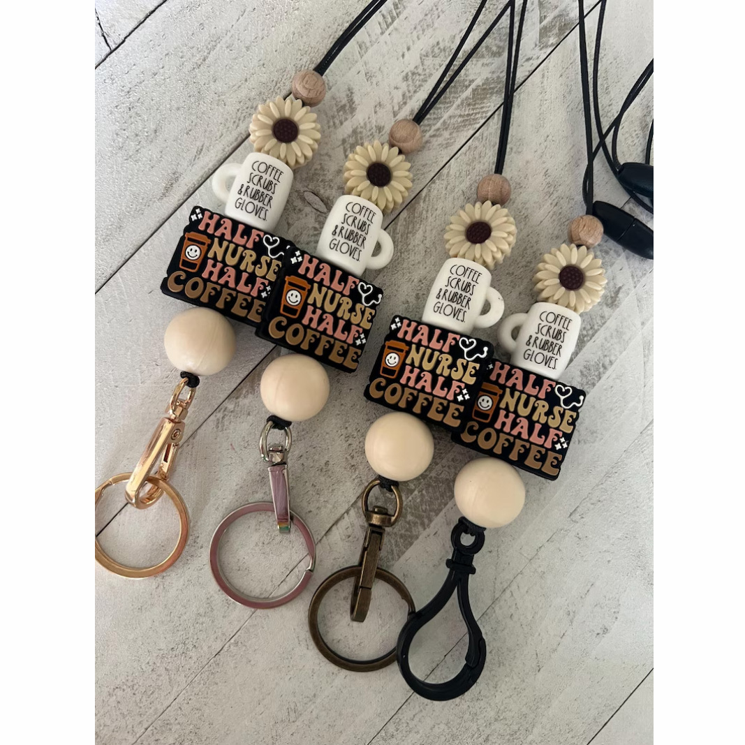 Personalized Monogram Keychain with Blank Wood Disc Color Silicone Beaded Teacher ID Necklace Lanyard Keychain