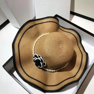 Chapeaux de paille élégants et luxueux en camélia, écologiques, à large bord ondulé, avec fleurs et chaîne de perles, pour femme, style sombrero de camélia - Product Image 4