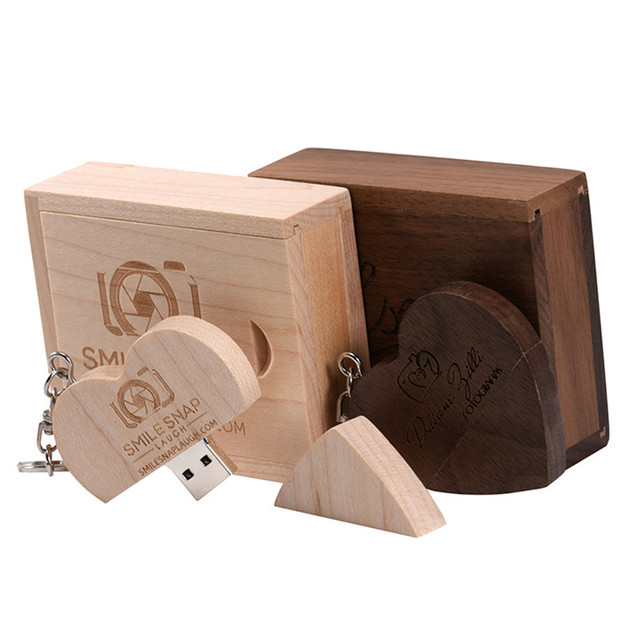 Wedding Gift Heart Shape Wood Memoria Usb 2Gb Pen Drive 4Gb 8Gb Usb Stick 16Gb 32Gb 64Gb 128Gb USB Flash Drive With Wooden Box